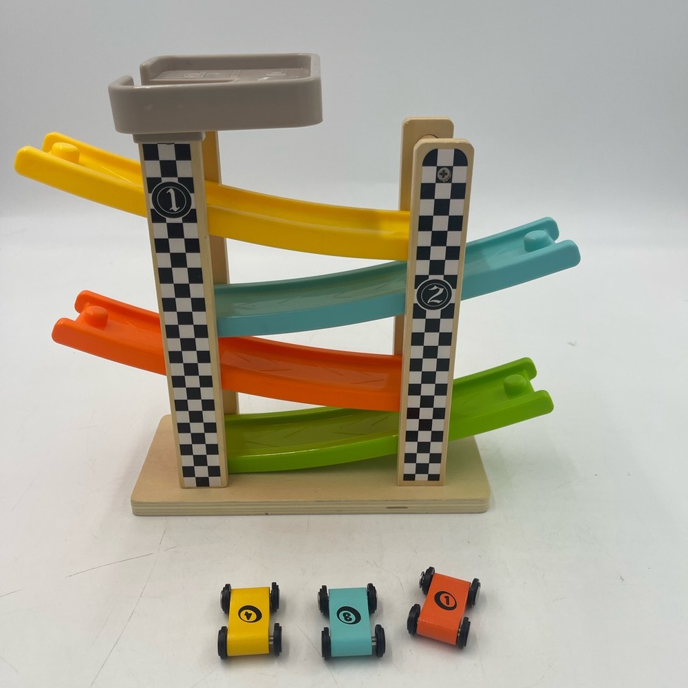 Top Bright Wooden Race Track Car Ramp Racer With 3 Mini Cars